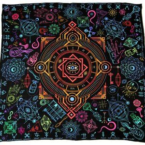 Square 100% silk twill scarf "Alchemy" black esoteric clothing, sacred geometry